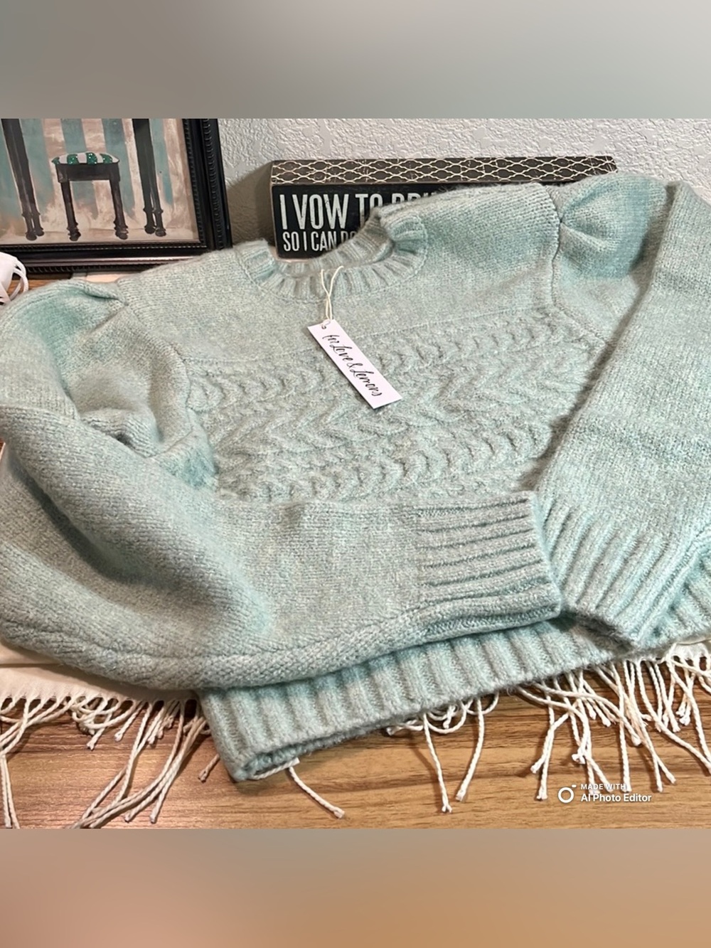 For Love & Lemons Dominique Cropped Cable Knit Sweater Mint Green S NWT - Picture 6 of 8